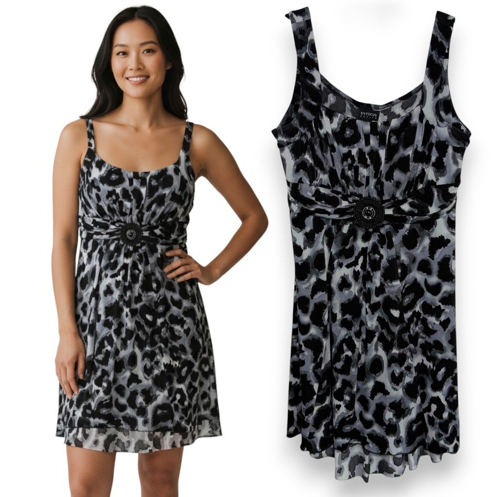 En Focus Petite Black Gray Leopard Print Babydoll Dress Y2K Embellished Size 12P